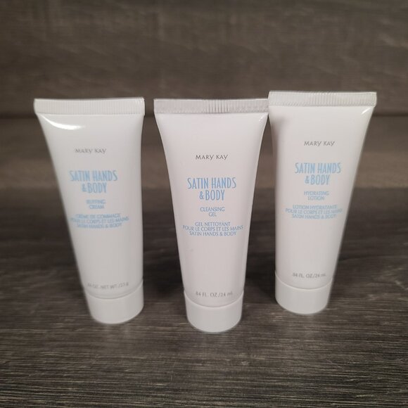 Mary Kay Satin Hands Buffing Cream Cleansing Gel Lotion .84 oz Travel x3 w/Plush - Picture 2 of 10